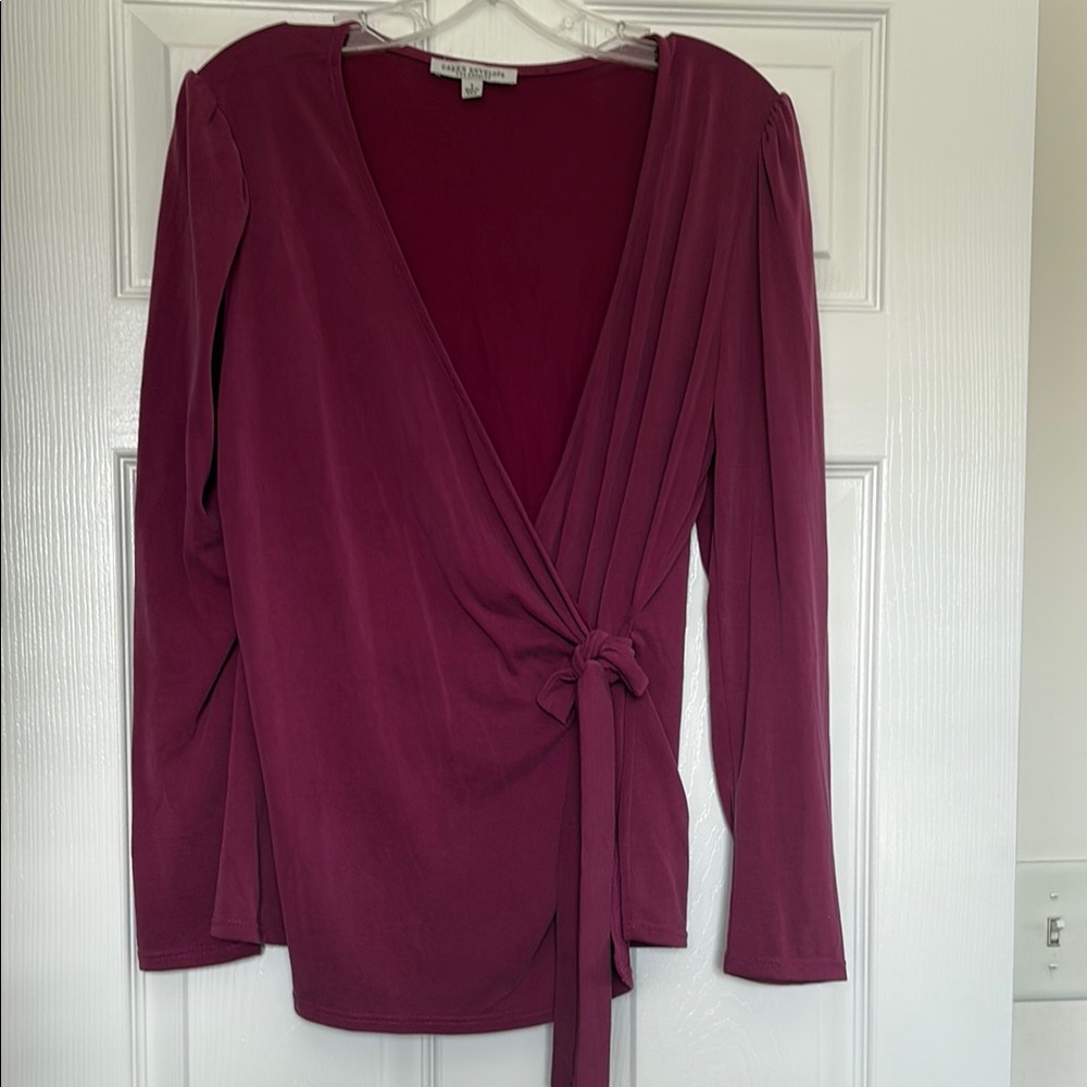 Green Envelope Deep Burgundy Wrap Blouse Size Large Dark Academia Capsule Chic